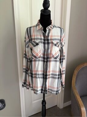 Eddie Bauer White Plaid Button-Down Shirt with Gray and Rust Stripes